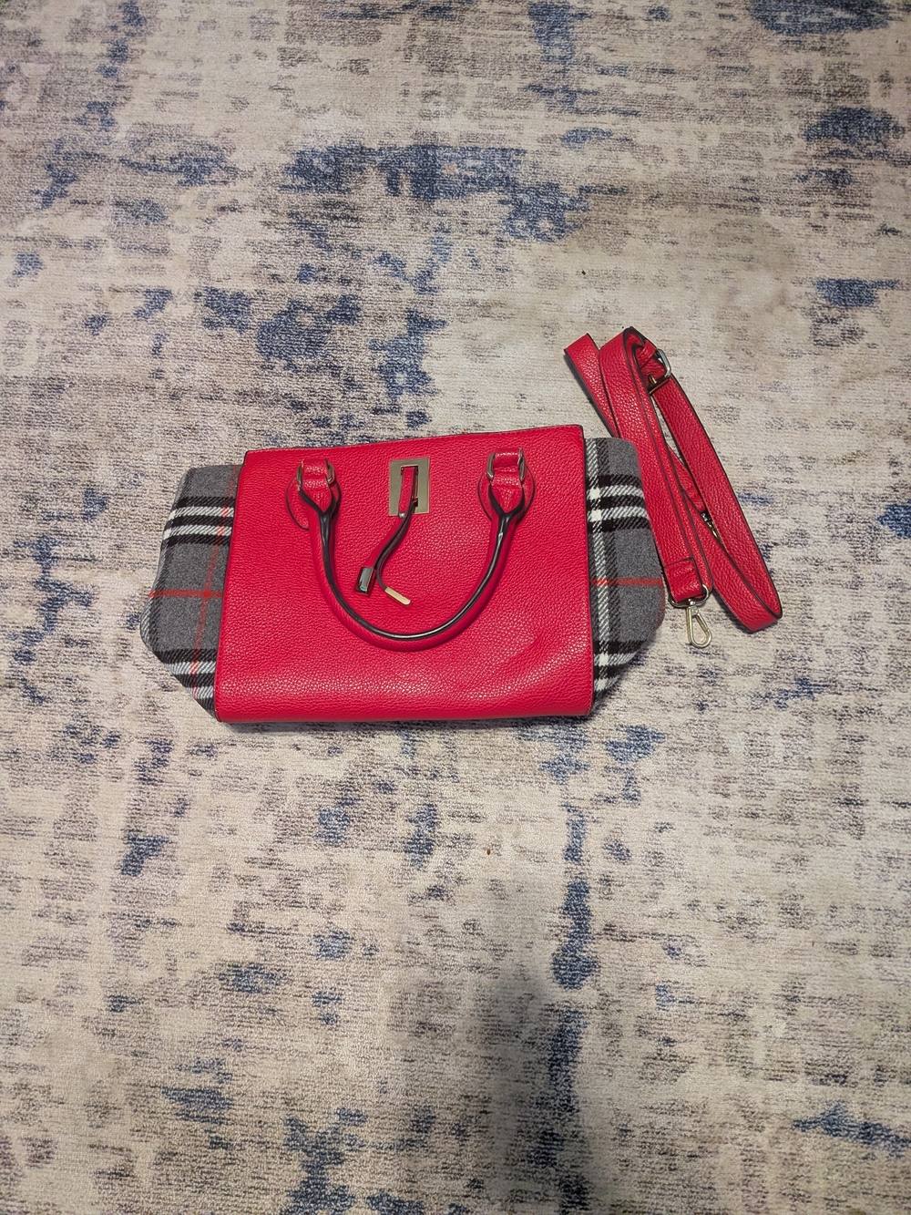 Red Leather and Plaid Convertible Women’s Satchel - Removable Strap